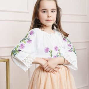 Ie traditionala alba pentru fetite cu motiv floral mov Daria 01