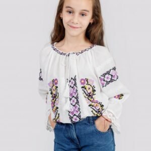 Ie traditionala alba pentru fetite cu motiv floral mov Marina