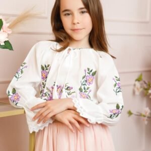 Ie traditionala alba pentru fetite cu motiv floral mov Sofia 02