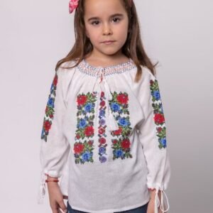 Ie traditionala alba pentru fetite cu motiv floral multicolor Ada