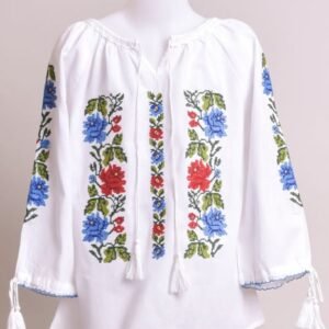 Ie traditionala alba pentru fetite cu motiv floral multicolor Anne