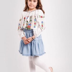 Ie traditionala alba pentru fetite cu motiv floral multicolor Briana