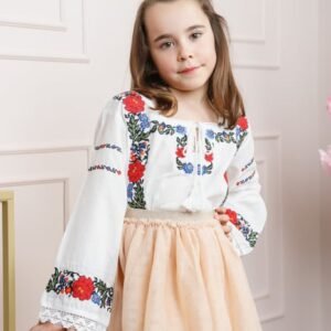 Ie traditionala alba pentru fetite cu motiv floral multicolor Clarisa