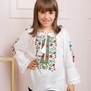 Ie traditionala alba pentru fetite cu motiv floral multicolor Claudia