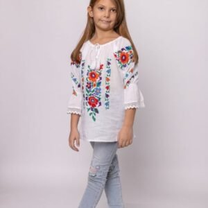 Ie traditionala alba pentru fetite cu motiv floral multicolor Edith