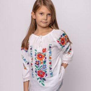 Ie traditionala alba pentru fetite cu motiv floral multicolor Edith