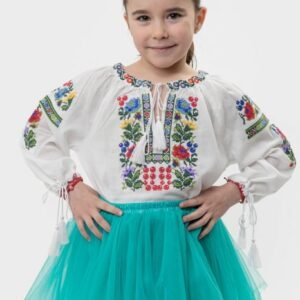 Ie traditionala alba pentru fetite cu motiv floral multicolor Eva