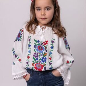 Ie traditionala alba pentru fetite cu motiv floral multicolor Iris
