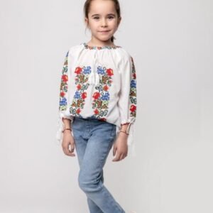 Ie traditionala alba pentru fetite cu motiv floral multicolor Maia