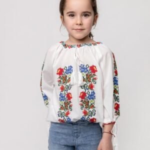 Ie traditionala alba pentru fetite cu motiv floral multicolor Maia