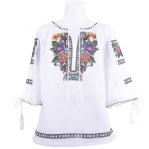 Ie traditionala alba pentru fetite cu motiv floral multicolor Sabina