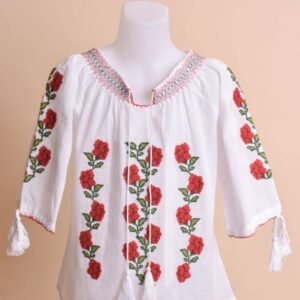 Ie traditionala alba pentru fetite cu motiv floral rosu Amina