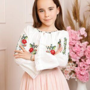 Ie traditionala alba pentru fetite cu motiv floral rosu Anabela