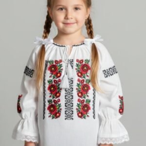 Ie traditionala alba pentru fetite cu motiv floral rosu Aniela