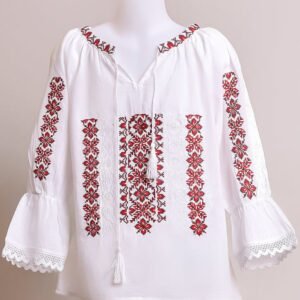 Ie traditionala alba pentru fetite cu motiv floral rosu Beatrice