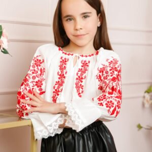 Ie traditionala alba pentru fetite cu motiv floral rosu Carina