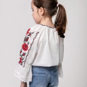 Ie traditionala alba pentru fetite cu motiv floral rosu Carla