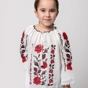 Ie traditionala alba pentru fetite cu motiv floral rosu Carla