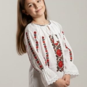 Ie traditionala alba pentru fetite cu motiv floral rosu Carmen