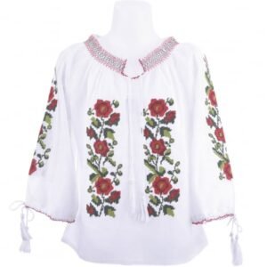 Ie traditionala alba pentru fetite cu motiv floral rosu Catrinel