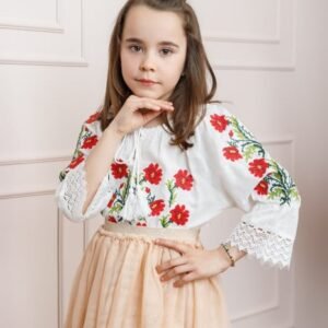 Ie traditionala alba pentru fetite cu motiv floral rosu Daria 02