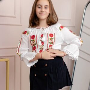 Ie traditionala alba pentru fetite cu motiv floral rosu Eliza