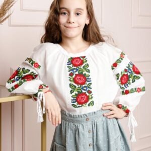 Ie traditionala alba pentru fetite cu motiv floral rosu Emma