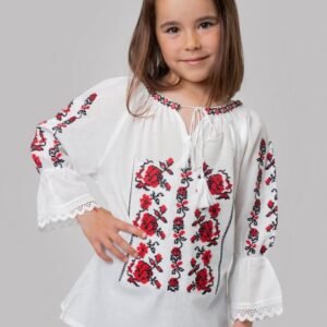 Ie traditionala alba pentru fetite cu motiv floral rosu Evelina