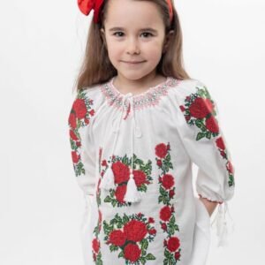 Ie traditionala alba pentru fetite cu motiv floral rosu Isabela