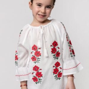 Ie traditionala alba pentru fetite cu motiv floral rosu Mara