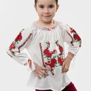 Ie traditionala alba pentru fetite cu motiv floral rosu Mateea