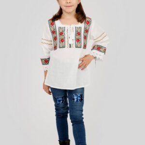 Ie traditionala alba pentru fetite cu motiv floral rosu Medeea