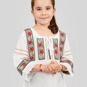 Ie traditionala alba pentru fetite cu motiv floral rosu Medeea
