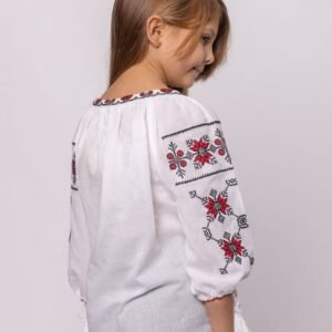 Ie traditionala alba pentru fetite cu motiv floral rosu Melania