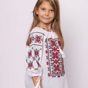 Ie traditionala alba pentru fetite cu motiv floral rosu Melania