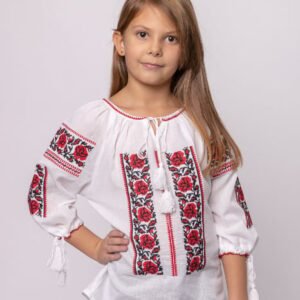 Ie traditionala alba pentru fetite cu motiv floral rosu Melinda