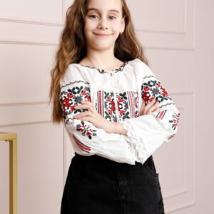 Ie traditionala alba pentru fetite cu motiv floral rosu Mirabela