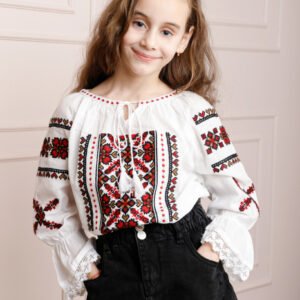 Ie traditionala alba pentru fetite cu motiv floral rosu Petra