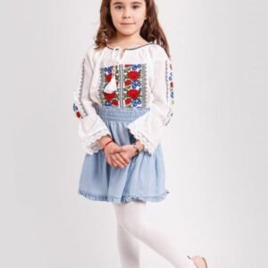 Ie traditionala alba pentru fetite cu motiv floral rosu Rozalia