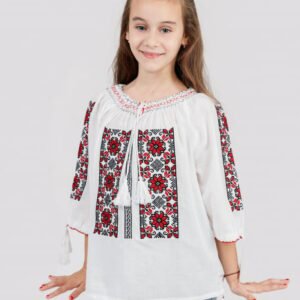 Ie traditionala alba pentru fetite cu motiv floral rosu Sara 02