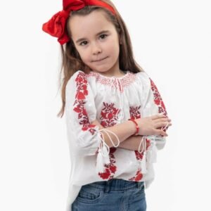 Ie traditionala alba pentru fetite cu motiv floral rosu Selena