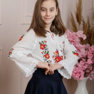 Ie traditionala alba pentru fetite cu motiv floral rosu Sofia 01