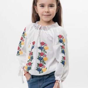 Ie traditionala alba pentru fetite cu motiv floral tricolor Alessia