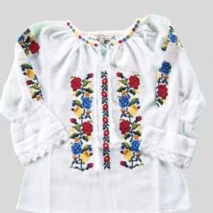 Ie traditionala alba pentru fetite cu motiv floral tricolor Ilinca