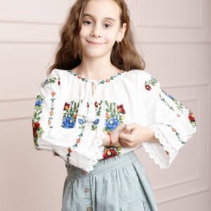 Ie traditionala alba pentru fetite cu motiv floral tricolor Ines