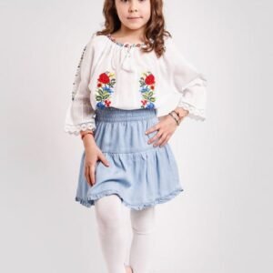 Ie traditionala alba pentru fetite cu motiv floral tricolor Oana