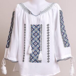 Ie traditionala alba pentru fetite cu motiv geometric albastru Alice