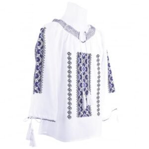 Ie traditionala alba pentru fetite cu motiv geometric mov Melissa