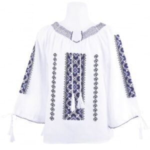 Ie traditionala alba pentru fetite cu motiv geometric mov Melissa