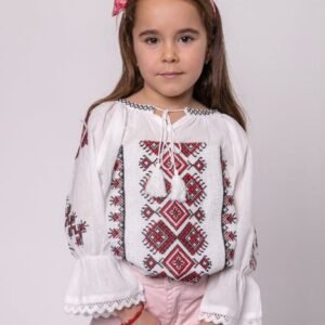 Ie traditionala alba pentru fetite cu motiv geometric rosu Agnes